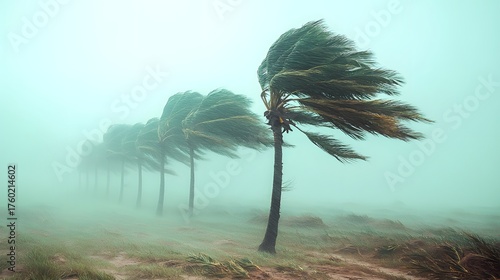 Palm trees bend and sway violently in a strong storm with heavy mist and wind