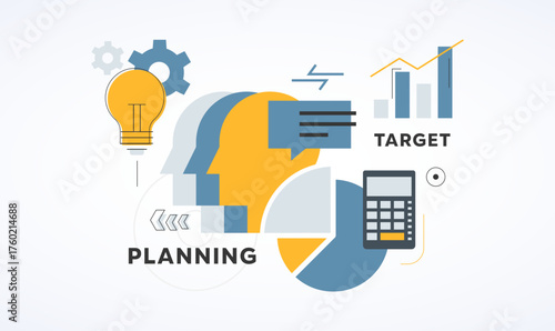 Flat vector illustration of business planning and target strategy concept with human head, idea light bulb, growth chart, and calculator. Perfect for finance, marketing, and creative project planning 