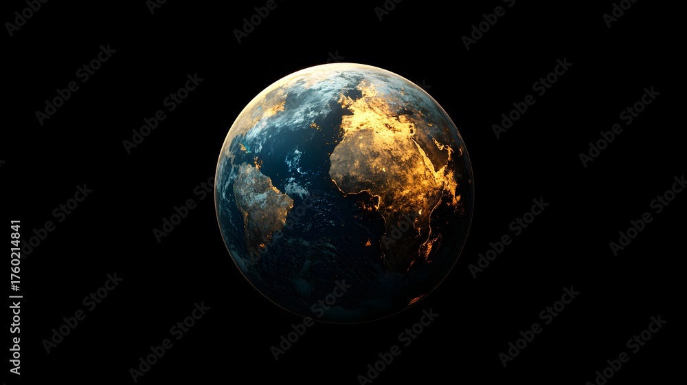 Fototapeta premium Planet Earth from space at night with continents glowing intensely from city lights and a fiery orange hue suggesting extreme heat