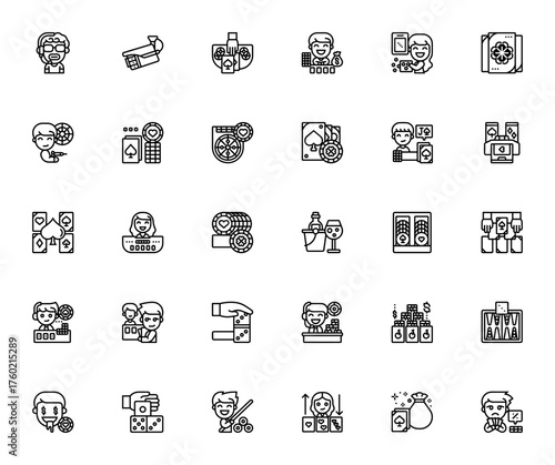 Casino icon set. Vector illustration pack. Featuringbouncer, CCTV, baccarat, pker, roulette, blackjack, hips, dice, betting, moneyand more.