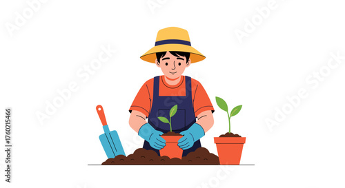 A young farmer carefully plants a small sapling in a garden soil.