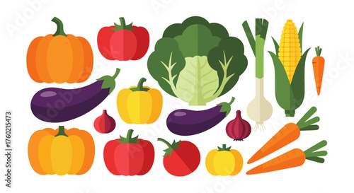 A vibrant assortment of fresh vegetables including pumpkins tomatoes eggplant cabbage leeks corn and carrots.