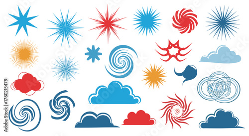 A collection of diverse weather and abstract starburst elements in various colors and styles.