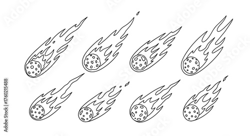 A collection of eight celestial bodies depicted as fiery meteors streaking across the dark expanse of space.