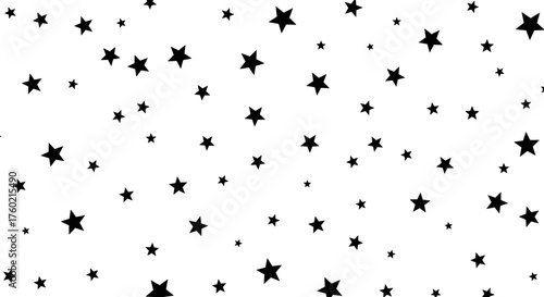 A celestial pattern featuring numerous small and medium sized black stars scattered across a clean white background providing a whimsical and festive visual.