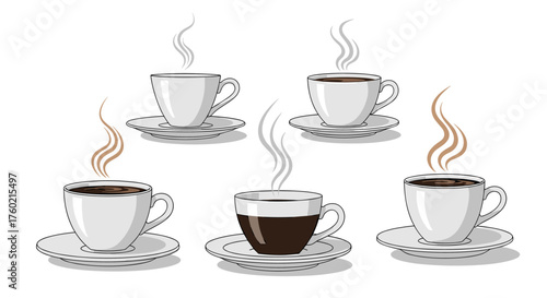 A collection of five steaming hot cups of coffee ready to be enjoyed on a bright morning.