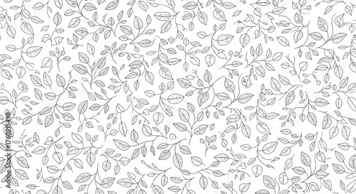A delicate black and white pattern of small leaves and vines for decorative backgrounds.