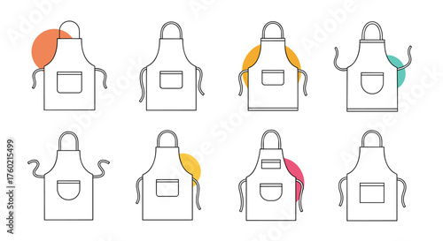 Collection of illustrated aprons in various styles with colorful accents suggesting different uses and designs for culinary and craft activities.
