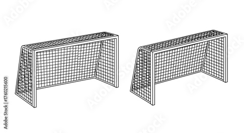 Two soccer goal frames with netting and supports for outdoor sports play.