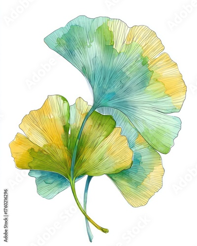 Watercolor Ginkgo Biloba leaves, vibrant colors