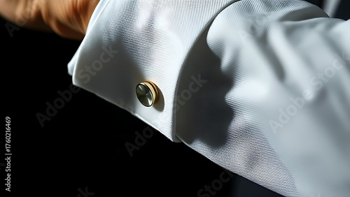 Extreme close-up of a sophisticated cufflink on a crisp white shirt cuff.