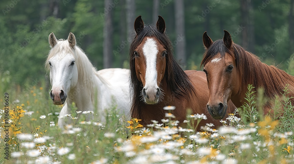 Obraz premium Horses Grazing in a Sunny Wildflower Meadow, a Serene Natural Scene