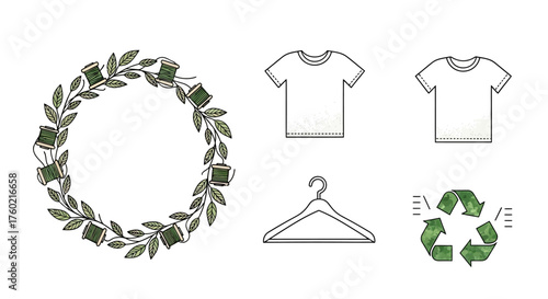 Elegant sustainable fashion vector elements with thread wreath, t-shirt, and eco-hanger for eco-apparel branding