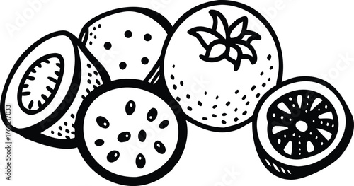 A simple black-and-white illustration of assorted fruit slices, including kiwi and orange. Ideal for food, health, and grocery visuals in blogs, menus, or product catalogs.