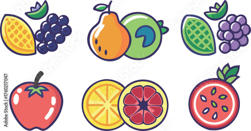 Colorful fruit icon set with mango, grapes, pear, apple, orange, citrus slices, and strawberry. Perfect for food apps, healthy eating campaigns, packaging, labels, and education.