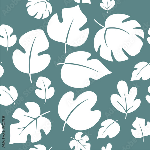 Teal and White Tropical Leaf Seamless Pattern for Modern Design