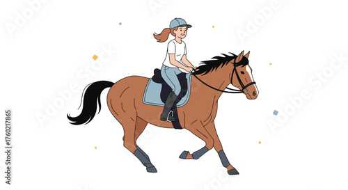 A young girl with a hat riding a horse on a white background with some stars.
