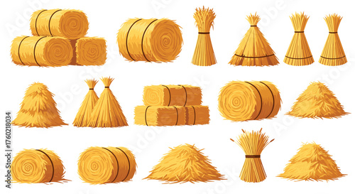 Collection of various shapes and sizes of hay bales and sheaves.