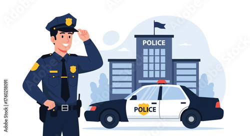 A smiling police officer tipping his hat stands in front of a police station and patrol car.