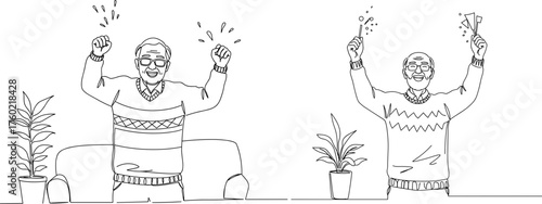 Happy elderly man celebrating with hands raised in line vector style, transparent background  