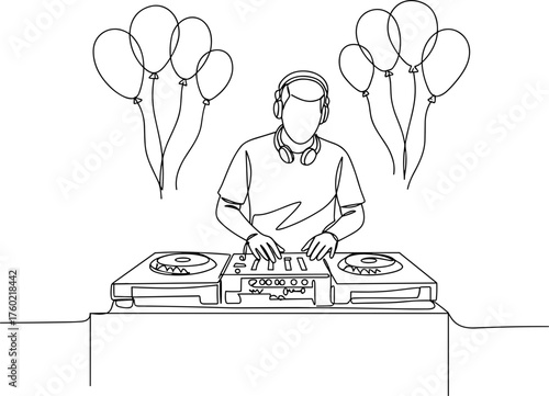 DJ playing music at a party with balloons in line vector style, transparent background  