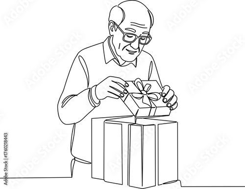 Elderly man unwrapping gift box with joy in line vector style  