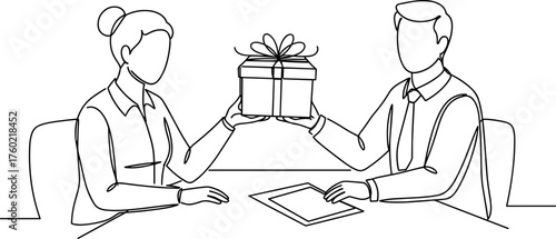 Two people exchanging a gift in line vector style, transparent background  