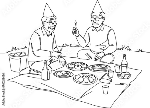 Two elderly men enjoying a picnic together in a park outdoors, line vector style, transparent background  
