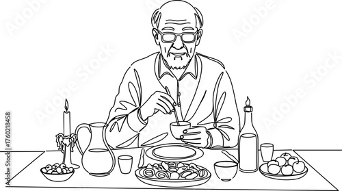 Elderly man eating dinner with chopsticks at a table setting  