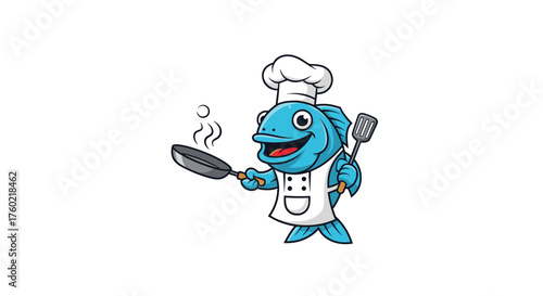 A cheerful blue fish wearing a chef's hat and apron holds a frying pan and spatula ready to cook a delicious meal.
