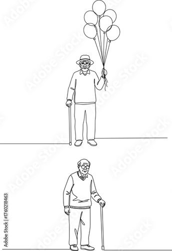 Elderly man holding balloons with a cane in line vector style, transparent background  