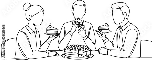 Group of people enjoying cake together in line vector style, transparent background  