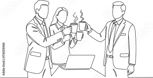 Three business people toasting with coffee cups in line vector style, transparent background  