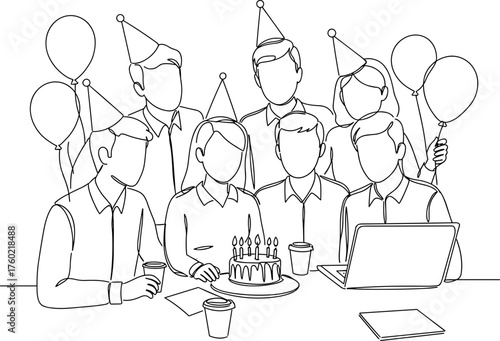 Group of people celebrating birthday with cake and laptop in line vector style, transparent background