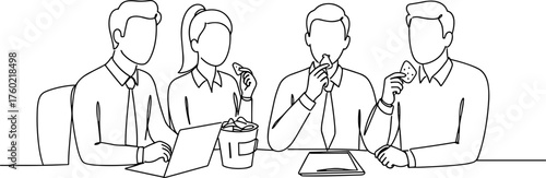 Team of professionals discussing projects while snacking in linear style  