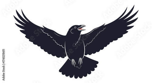 A majestic black raven in flight with wings spread wide open and beak agape showing its vocalizations.