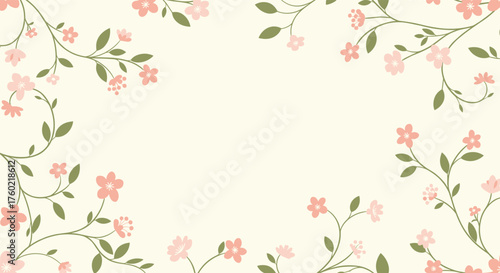 A delicate pattern of light pink blossoms and green leaves adorns a soft cream background creating a charming floral border.