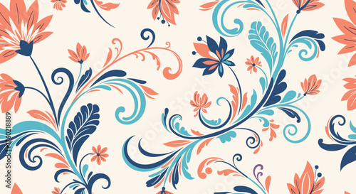 A delicate floral pattern with coral blue and navy accents on a cream background.