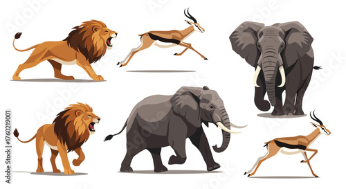 A collection of african savanna wildlife including lions gazelles and elephants. 