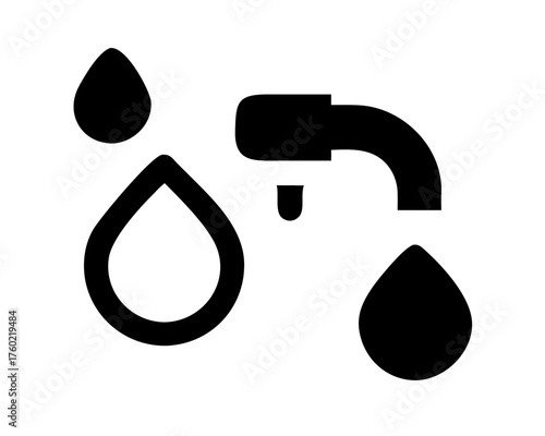 Black and white icon of a water tap with water drops isolated on white