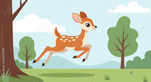A cute spotted fawn runs through a sunny meadow with trees and hills.