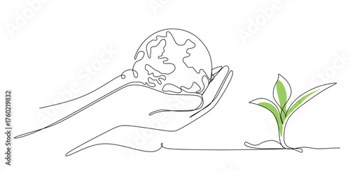 World environment day minimalist vector background with earth in hands and plant. One continuous line drawing. 