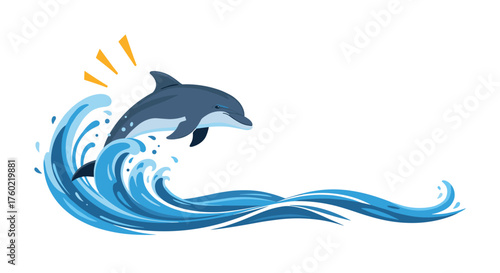 A playful dolphin leaps joyfully out of a cresting blue wave under a sunny sky.