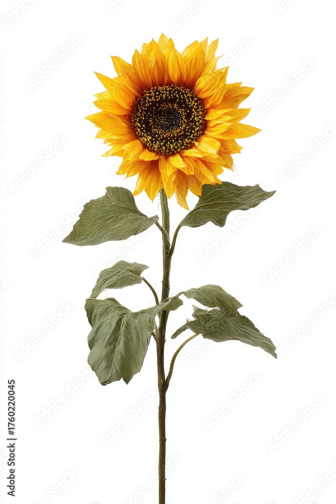 Obraz premium Single sunflower with long stem and leaves