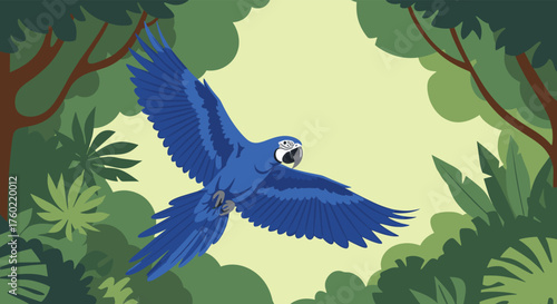 A vibrant blue parrot soars majestically through a lush tropical rainforest canopy.