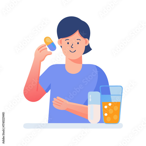 A flat 2D illustration of a person happily taking a daily vitamin pill, symbolizing health and wellness, accompanied by a glass of water.