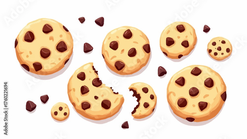 Flat vector illustration of chocolate chip cookies in minimal clean design with chocolate chips on white background