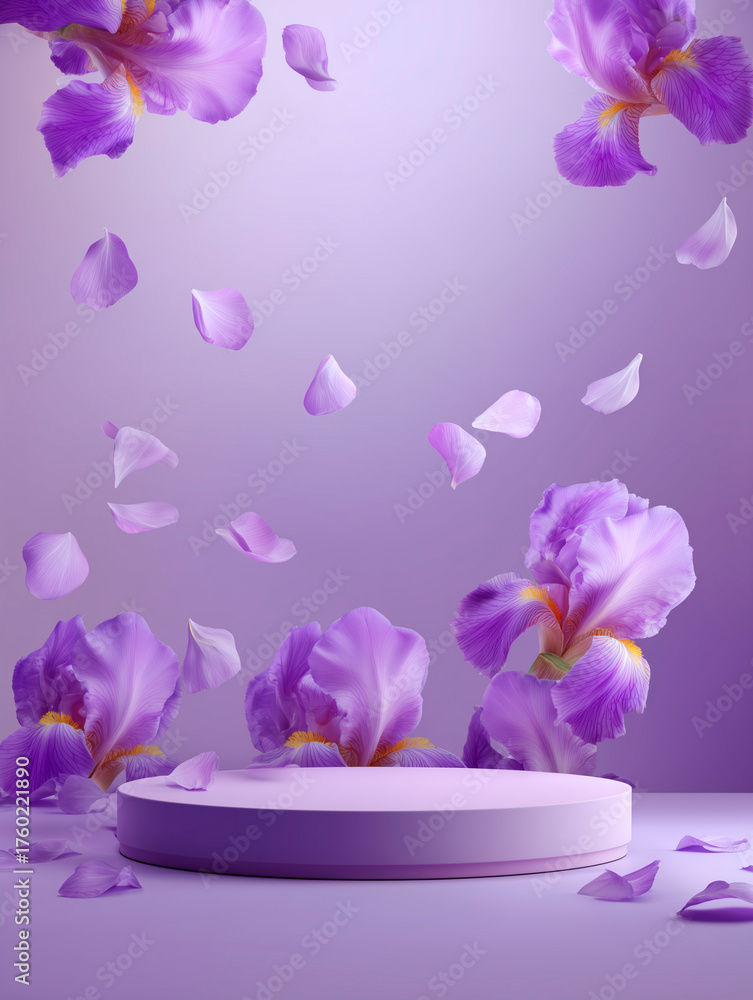 Fototapeta premium Purple table with iris flowers for product.