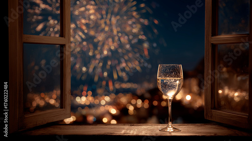Sparkling wine glass on windowsill, party view.