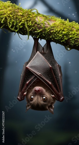 Adorable Bat Hanging Upside Down on a Mossy Branch with a Dark Background